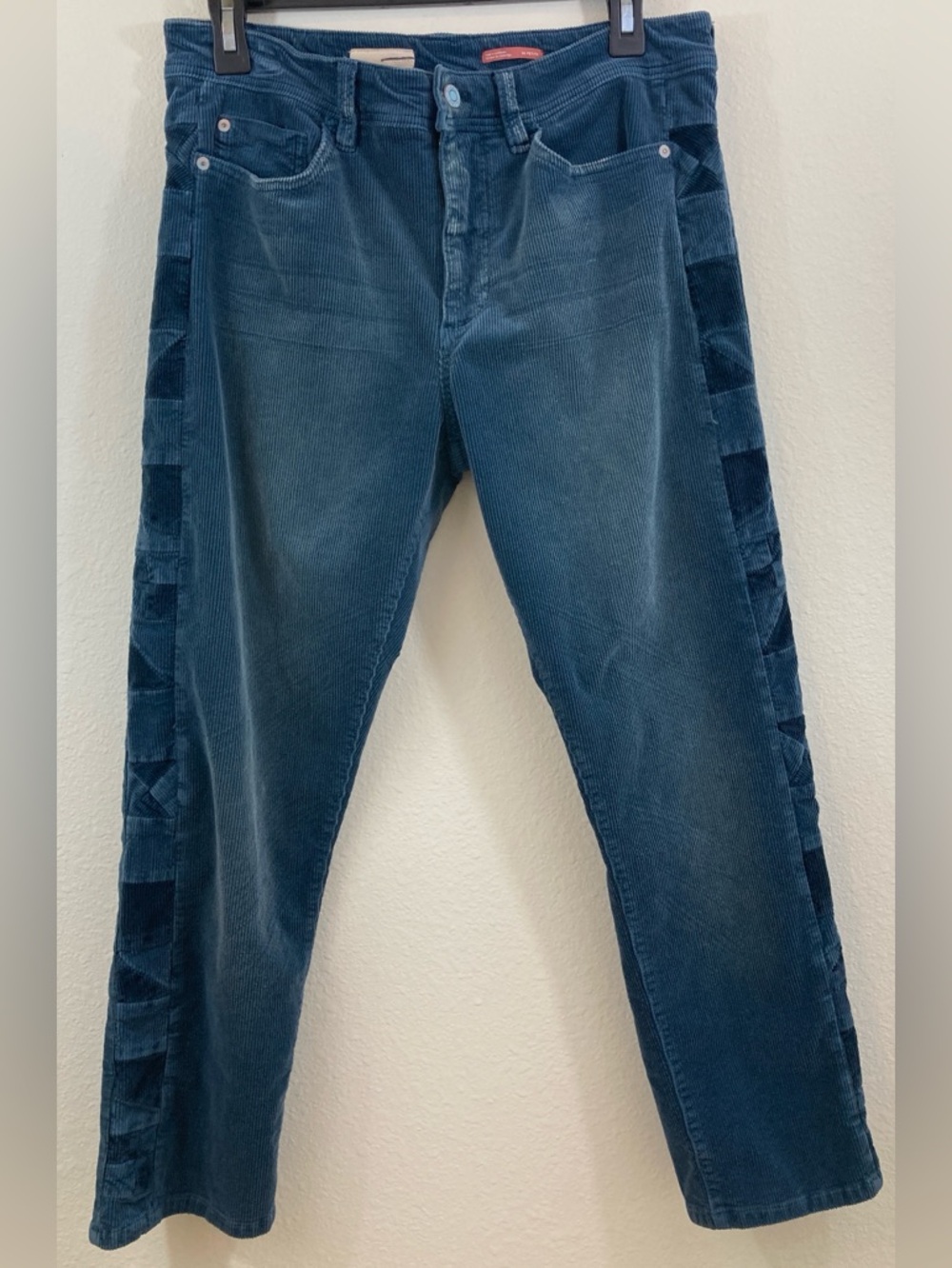 Pilcro Teal Blue Straight-Leg Corduroy Jeans with Geometric Trim Size 30P